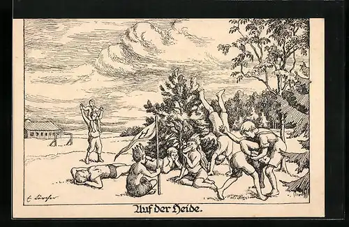 Künstler-AK Auf der Heide, Kinder beim Spielen, Kinderfürsorge