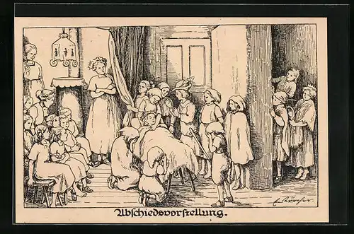 Künstler-AK Abschiedsvorstellung, Kinder beim Theaterspiel, Kinderfürsorge
