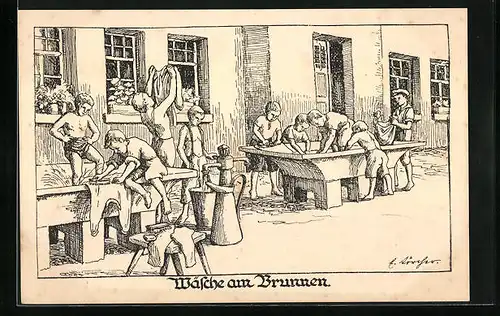 Künstler-AK Wäsche am Brunnen, Kinder waschen Kleidung, Kinderfürsorge