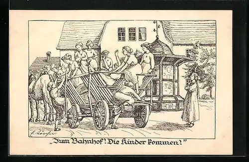 Künstler-AK Frauen auf Heuwagen auf dem Weg zum Bahnhof