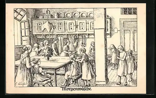 Künstler-AK Mädchen bei der Morgenwäsche