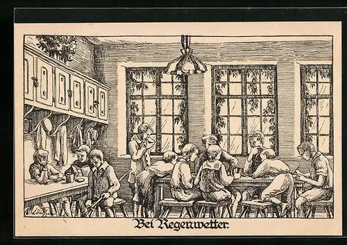 Künstler-AK Kinder im Aufenthaltsraum bei Regenwetter