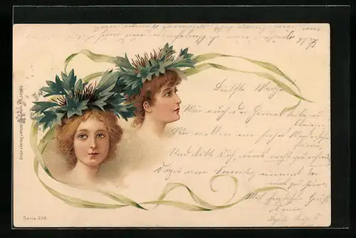 AK Damen mit Kornblumen auf dem Kopf, Metamorphose, Jugendstil