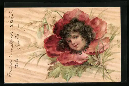 AK Mädchenkopf in Mohnblume, Metamorphose, Jugendstil