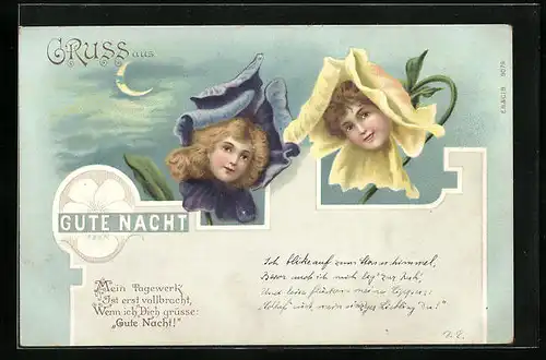 AK Frauengesichter auf Blumen, Metamorphose, Jugendstil