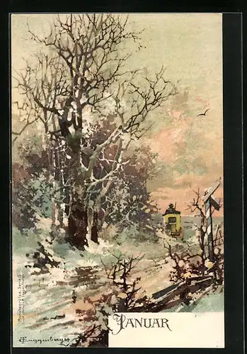 Künstler-AK Theodor Guggenberger: Allegorische Darstellung des Monats Januar, Verschneite Waldpartie mit Kutsche