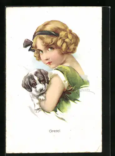 Künstler-AK Schilbach: Gretel, Blondes Mädchen mit Hundewelpen im Arm