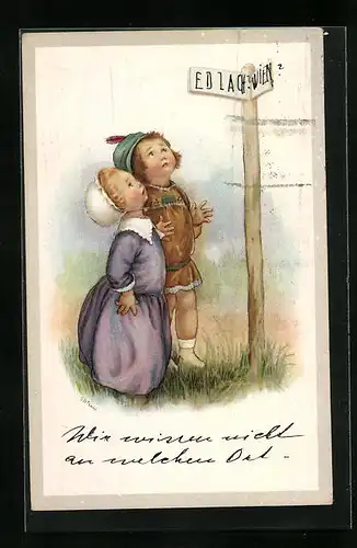 Künstler-AK Susan Beatrice Pearse: Kinder schauen verwirrt einen Wegweiser an