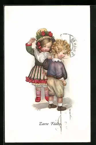 Künstler-AK Susan Beatrice Pearse: Mädchen näht einem Jungen das Hemd
