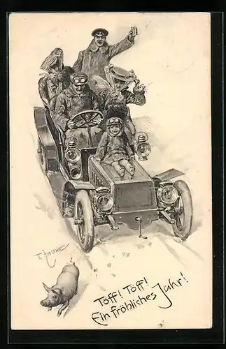 Künstler-AK Theo Zasche: Feiernde Menschen in einem Automobil