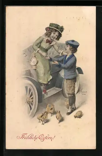Künstler-AK Kränzle: Kleiner Kavalier hilft jungem Fräulein aus dem Auto, Ostergruss