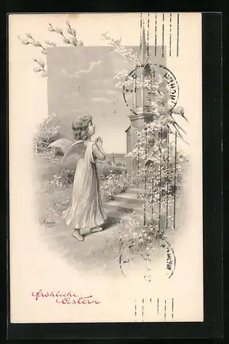 Künstler-AK Kränzle: Betender Osterengel vorm Bildstock
