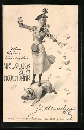 Künstler-AK Theo Zasche: Hübsche Postillonin auf einem rasenden Schwein