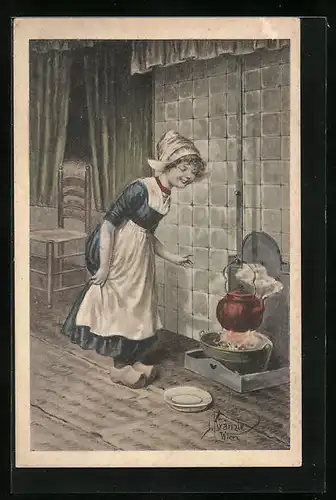 Künstler-AK Kränzle: Kleine Holländerin vorm kochenden Kessel