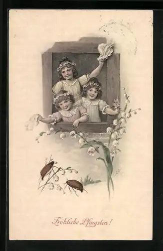 Künstler-AK Kränzle: Mädchen mit Pfingstgrüssen, Maiglöckchen und Maikäfer
