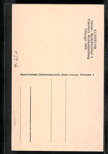 AK Goslar, Kunstuhr, Marktkirchhof 4, Prämiiert Weltausstellung Chicago 1893