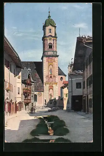 AK Mittenwald, Kirche mit Klotz-Denkmal und Goethehaus