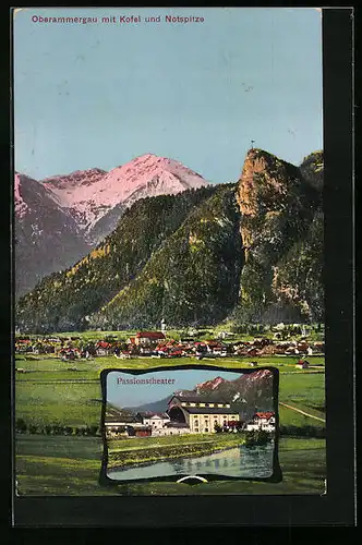 AK Oberammergau, Ortsansicht mit Kofel und Notspitze, Passionstheater