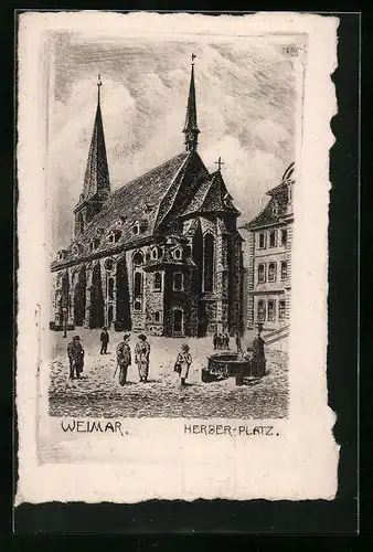 Künstler-AK Weimar, Ansicht des Herder-Platzes, Radierung