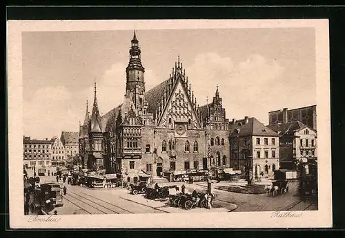 AK Breslau, Pferdewagen vor dem Rathaus