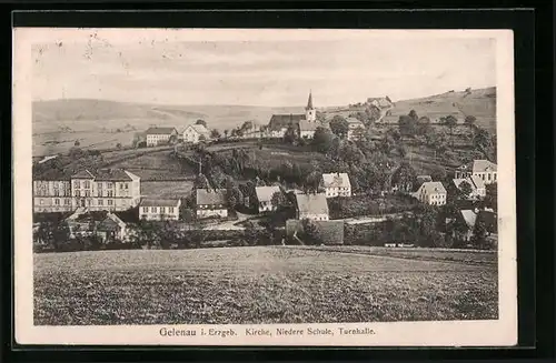 AK Gelenau /Erzgeb., Kirche, Niedere Schule und Turnhalle