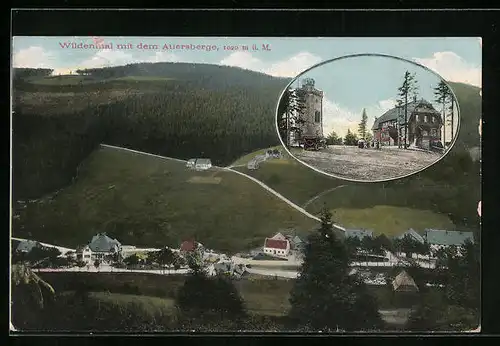 AK Wildenthal, Totalansicht mit dem Auersberge, Gasthaus