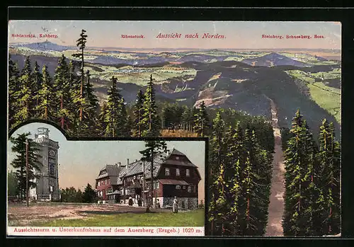 AK Wildenthal, Gasthaus Auersberg und Aussichtsturm, Panorama