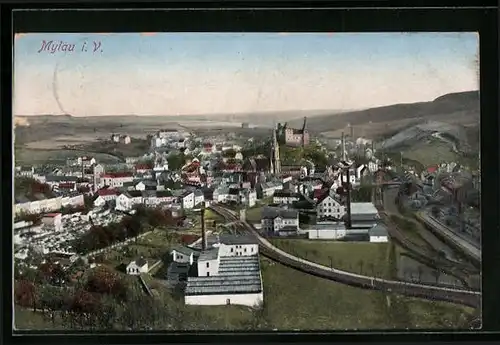 AK Mylau i. V., Totalansicht mit Kirchen