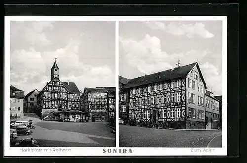 AK Sontra, Gasthaus zum Adler, Marktplatz mit Rathaus