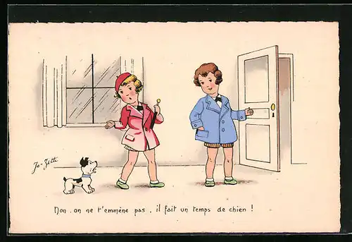 Künstler-AK sign. Jo Zette: Kinder gehen mit ihrem Hund Gassi