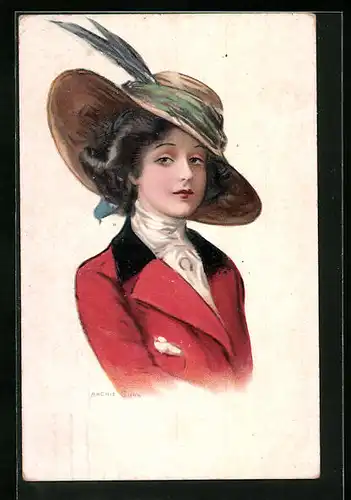 Künstler-AK sign. Archie Gunn: Dame im roten Kostüm