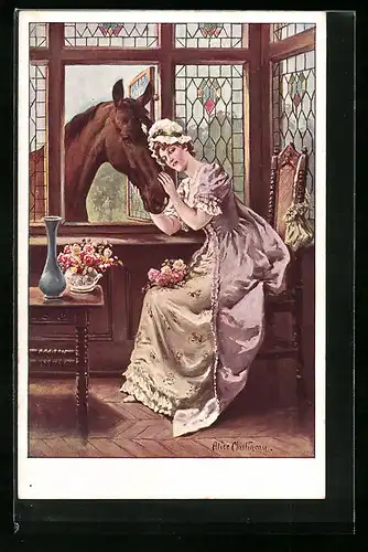 Künstler-AK sign. Alice Marlineau: Dame schmiegt sich an Pferd