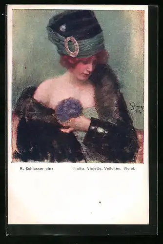 Künstler-AK sign. R. Schlosser: Dame im Pelzmantel mit Veilchen