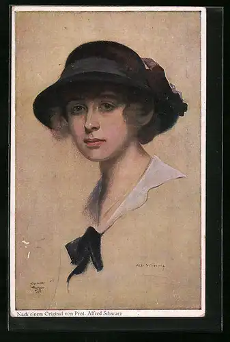 Künstler-AK sign. Alfred Schwarz: Fräulein mit Hut