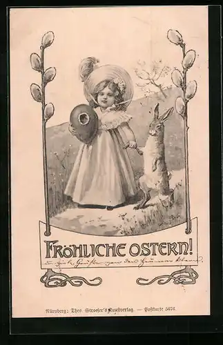 AK Mädchen und Osterhase beim Spaziergang