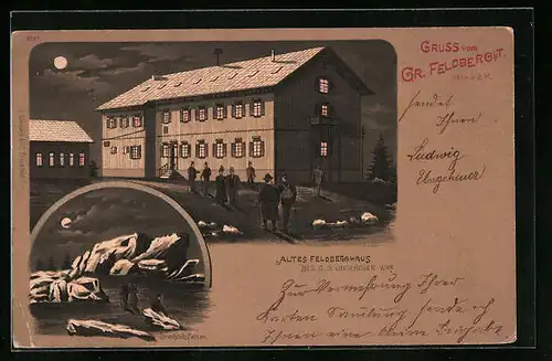 Lithographie Grosser Feldberg, Altes Feldberghaus, Brunhildisfelsen