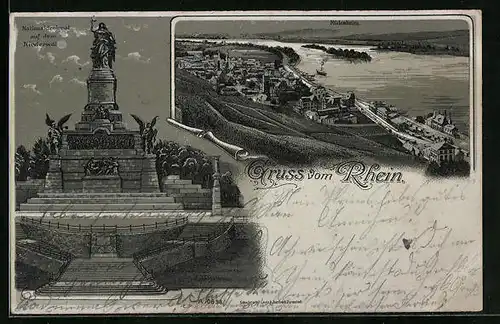 Mondschein-Lithographie Rüdesheim a. Rh., Ortsansicht, Nationaldenkmal auf dem Niederwald