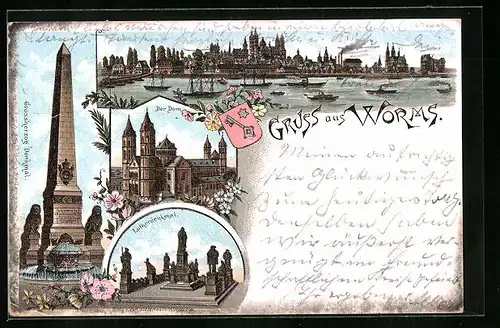 Lithographie Worms, Lutherdenkmal, Dom, Grossherzog Denkmal