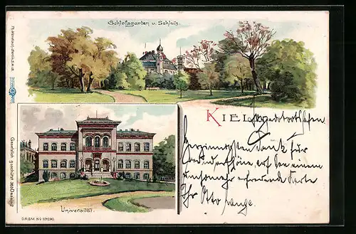 Lithographie Kiel, Universität, Schlossgarten und Schloss