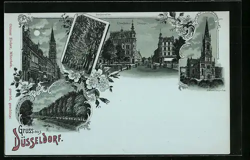 Mondschein-Lithographie Düsseldorf, Elberfelder Strasse, Blumenstrasse, Seufzerallee