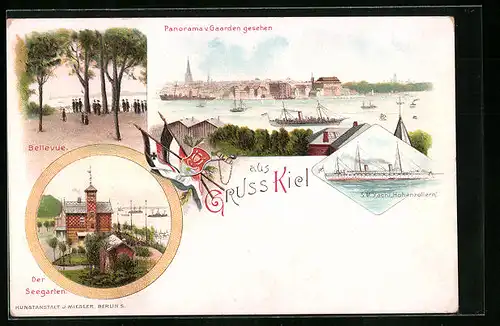Lithographie Kiel, Seegarten, Bellevue, SM Yacht Hohenzollern