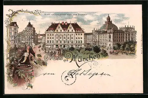 Lithographie München, Blick vom Karlsthor nach dem Bahnhof