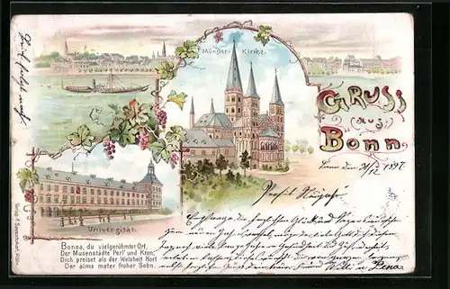 Lithographie Bonn, Universität, Münster-Kirche, Dampfer auf dem Rhein