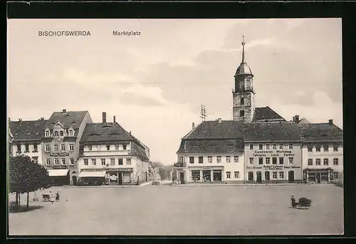 AK Bischofswerda, Marktplatz mit Eisenwarengeschäft Robert Löhnert