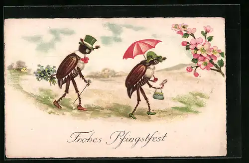 Lithographie Maikäferpaar mit Spazierstock und Schirm gehen durch Frühlingslandschaft - Pfingstgruss