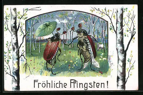 Künstler-AK Zwei Maikäfer beim Tanz auf Frühlingswiese - Pfingstgruss