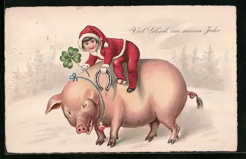 Künstler-AK Kind mit Glücksklee reitet auf Schwein im Schnee - Neujahrsgruss