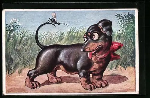 Künstler-AK Hund mit roter Schleife und Fliege auf dem Schwnz