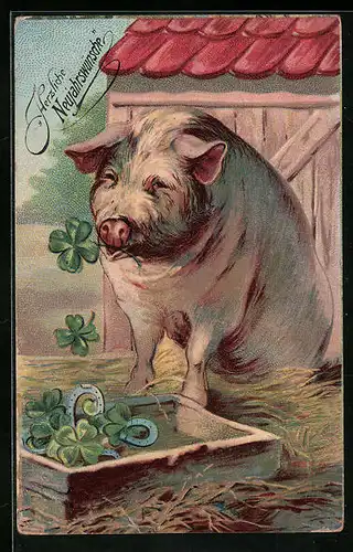 Künstler-AK Schwein vor Stall mit Glücksklee im Futtertrog - Neujahrsgruss