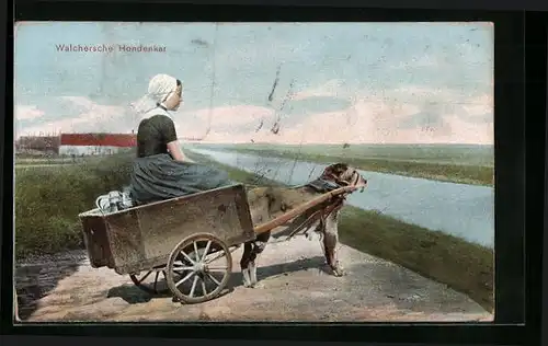AK Holländisches Mädchen auf Hundegespann an einem Kanal